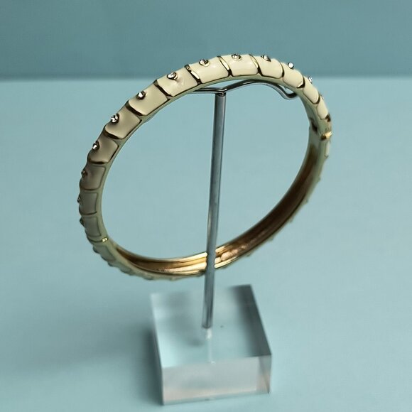 NORDSTROM Sequin Enamel Hinge Bangle Bracelet Clamper White Gold Tone Rhinestone - Picture 4 of 6